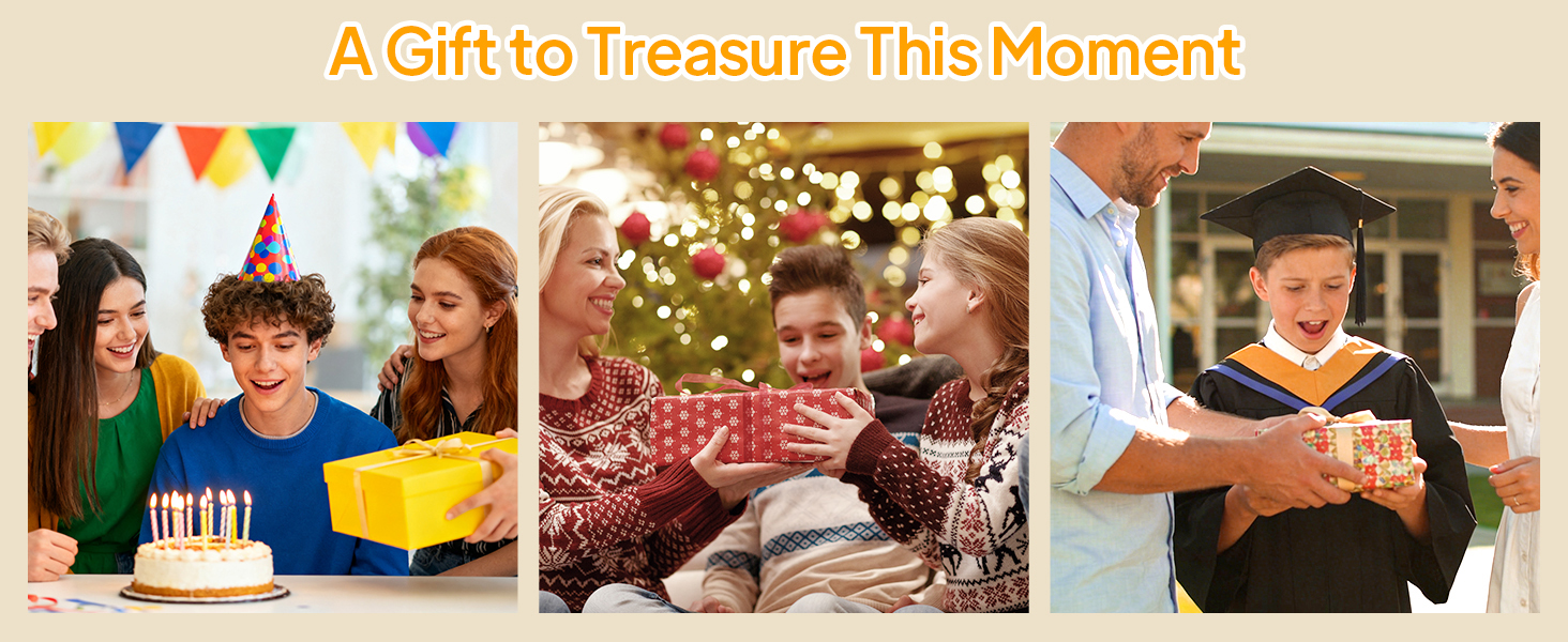 Text reads 'A Gift to Treasure This Moment!' Banner shows collage of celebration moments including birthday cakes and gift-giving scenes.