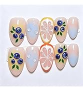 30Pcs Summer Press On Nails Medium Almond Cute Fruit Fake Nails with 3D Blueberry &amp; Citrus Slice ...