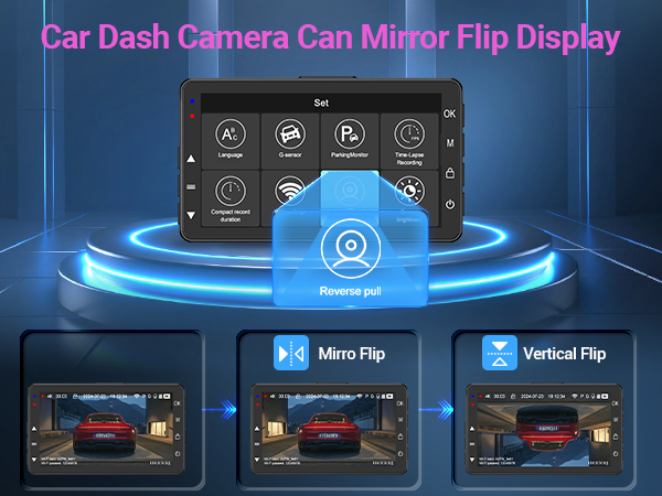 Car dash camera with flip display feature. Interface shows various icons. Bottom panels demonstrate mirror and vertical flip capabilities.