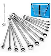 DISEN 12pcs Metric Long Ratchet Wrench Set - 0° Offset &amp; 72-Tooth Cr-V for Narrow Spaces, 8-22mm ...