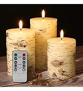 Eywamage Birch Bark Flameless Pillar Candles with Remote, Flickering Rustic Battery LED Wood Cand...