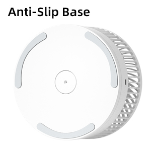 The bottom view of a white portable fan showcasing its anti-slip base with three rubber pads.