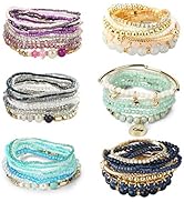 LOYALLOOK 6 Sets Bohemian Stackable Bead Bracelets for Women Stretch Bohemian Style Stretch Multi...