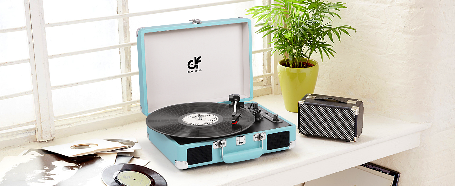 suitcase record player blue