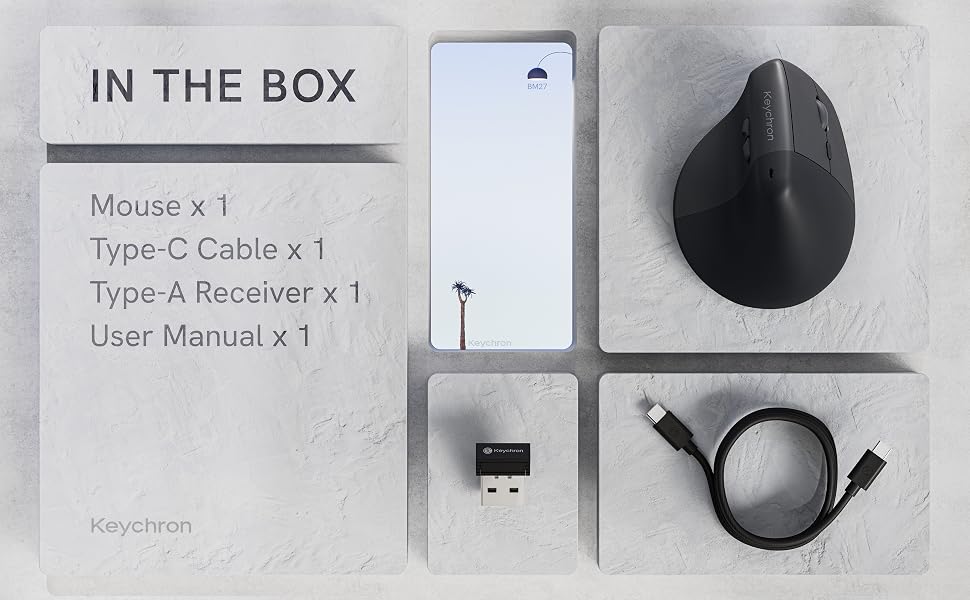 Keychron mouse package contents including mouse, Type-C cable, Type-A receiver, and manual