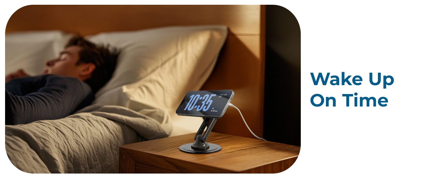Stay on schedule with a cell phone stand for desk, a MagSafe phone stand holding your device bedside