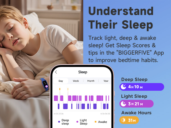 Text reads 'Understand Sleep', 'Track light, deep &amp; awake'. Sleep tracking app interface showing sleep cycle data with purple and blue graphs.