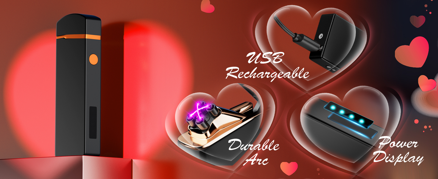 Electronic devices display showing black wireless accessories with blue LED indicators against red heart-decorated background.