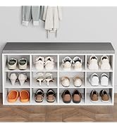 Aenuert 12-Cubby Shoe Rack with Cushion, 3-Tier Wood Shoe Organizer, Multifunctional Shoe Organiz...