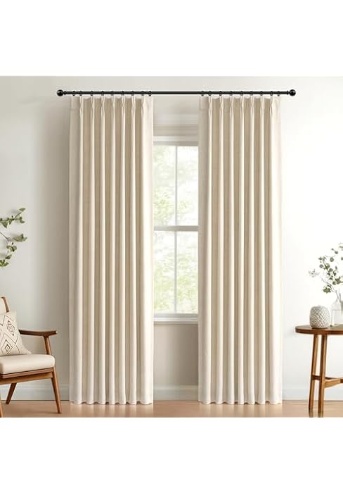 Cream Total Blackout Linen Pinch Pleated Curtains 96 Inches Long | 100% Blackout Shield, Pinch Pl...
