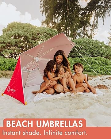 Stylish striped beach umbrella with heavy duty ribs and travel bag for summer vacation gear.