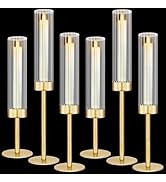 Glass Hurricane Candlestick Holders Gold, KSWING Set of 6 Taper Candle Holders Brass Tall Clear C...