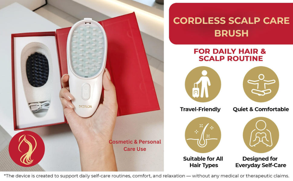 cordless scalp care brush for daily hair and scalp routine, quiet and gentle, cosmetic use