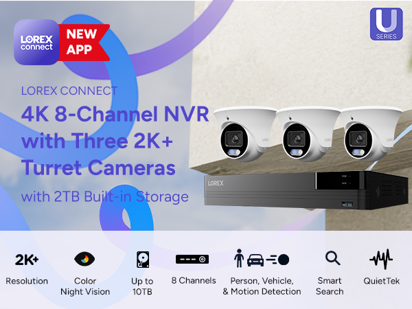 Lorex Connect 4K 8 Channel PoE NVR with Three 2K+ Turret Cameras