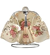 YOLIFE Tea Cups and Saucers Set of 2, Porcelain Floral Tea Cups Set with Holder, Fancy Vintage Te...