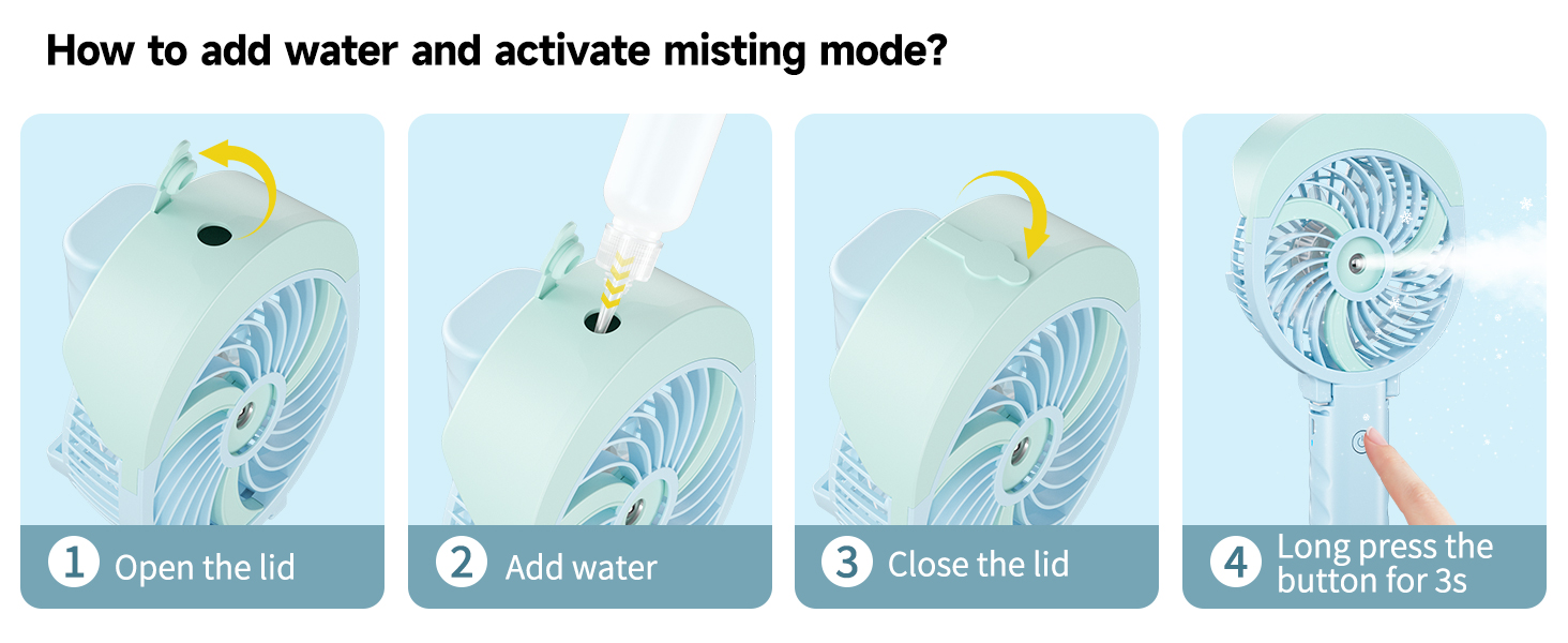 Four-step instructional diagram for activating misting mode in a spiral-shaped device. Steps show opening lid, adding water, closing lid, and pressing button.