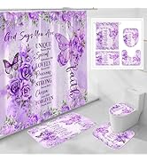 Litabel 4 Pcs Purple Butterfly Inspirational Quotes Shower Curtain Set with Rugs and Toilet Lid C...
