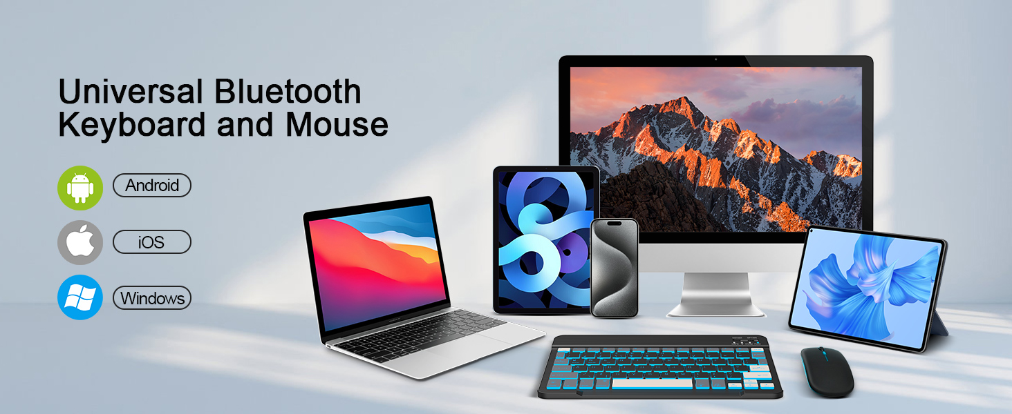 Text reads 'Universal Bluetooth Keyboard and Mouse'. Product showcase displays multiple Apple devices including MacBook, iPad, and iPhone with wireless peripherals.