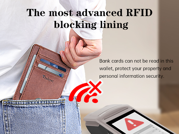 RFID-blocking wallet demonstration. Hand inserting wallet into jeans pocket, with crossed-out wifi symbol and warning about card security on smartphone screen.