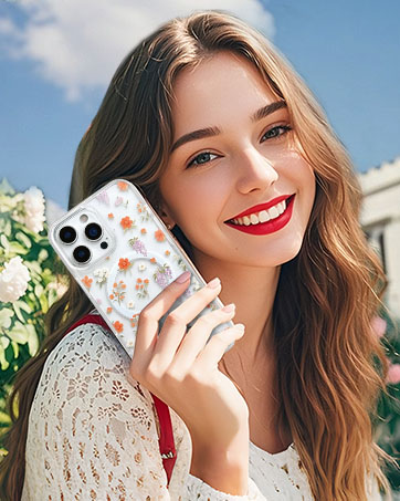 Smartphone case with polka dot pattern being displayed outdoors against architectural background.