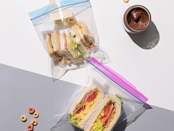 Sandwich Bags on table for display with food in them to show food grade safety and capacity storage 