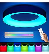Annaror RGB Led Flush Mount Ceiling Light with Remote Control, 11 Inch 24W Black Ceiling Light Fi...
