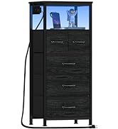 Furnulem Vertical Dresser with Charging Station and LED Lights, Black Chest of Drawers with Shelf...