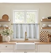jinchan Striped Linen Kitchen Tier Curtains, 20 Inch, Blue, 2 Panels | Light-filtering linen blen...