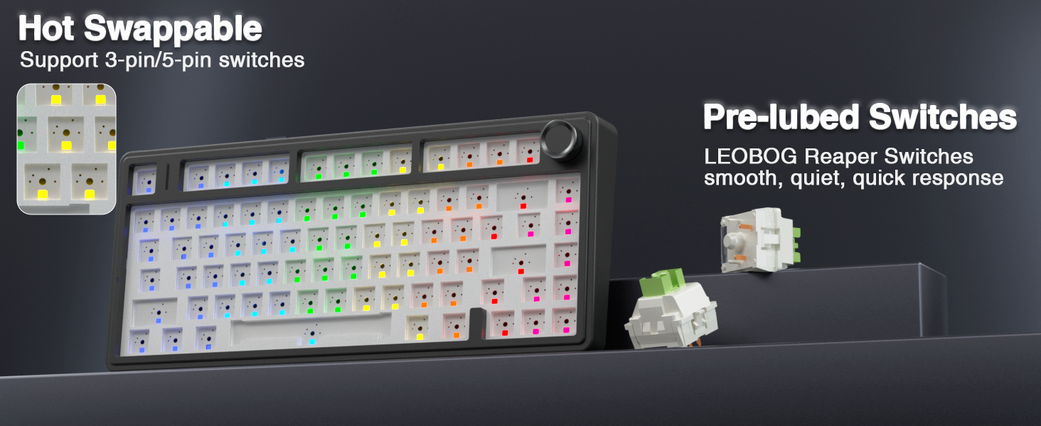 hot swappable mechanical custom keyboard creamy sound pre-lubed switches south-facing lighting