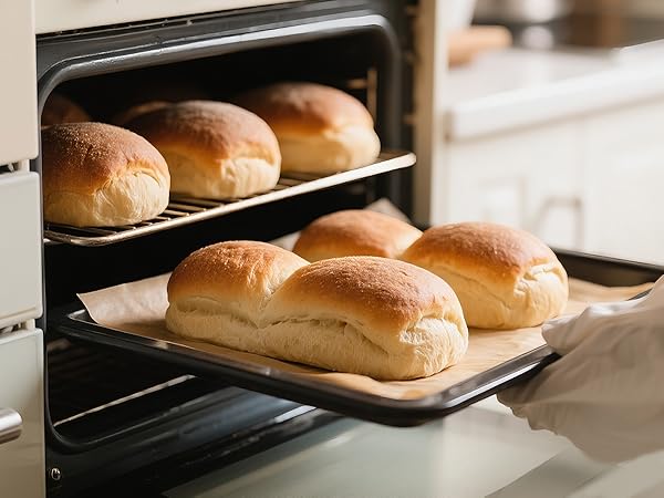 Freshly baked golden brown dinner rolls on baking sheet inside oven, showing even browning and smooth tops.