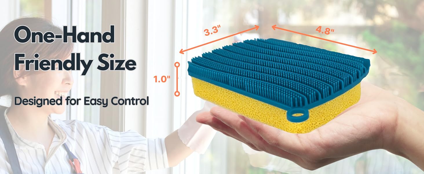 Compact silicone scrubber sized for one hand easy grip and control