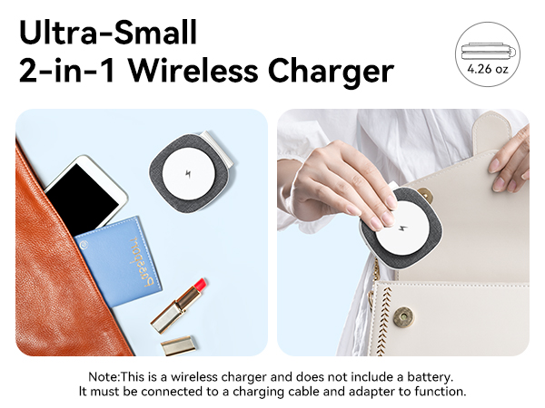 Text reads 'Ultra-Small 2-in-1 Wireless Charger' and 'Note: This is a wireless charger and does not include a battery.' Product demonstration showing wireless charging device usage.