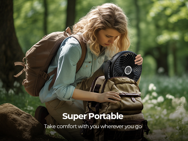 Woman in forest adjusting portable fan. Text 'Super Portable' and 'Take comfort with you wherever you go' overlaid on image.