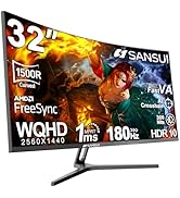 SANSUI 32-Inch Curved Gaming Monitor WQHD 2560 x 1440 180Hz Curved 1500R -Fast VA,1ms(OD), HDR, 3...