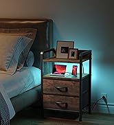 Night Stand Bedside Table Bedroom - Nightstand with Charging Station, Bed Side Table with LED Lig...