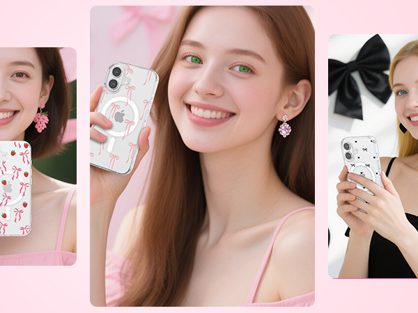 Product showcase featuring decorative phone cases with floral and bow designs in pink and white color scheme.