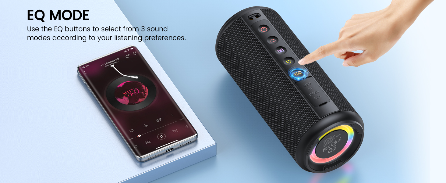 Text reads 'EQ MODE'. Multiple product images showing what appears to be audio equipment including a black cylindrical device and square packaging.