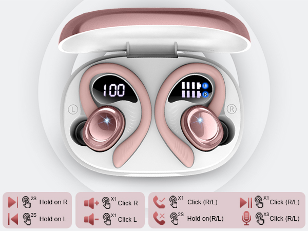 Wireless earbuds in charging case. Rose gold buds with digital displays. White case with pink interior. Below, icons show touch controls for various functions.