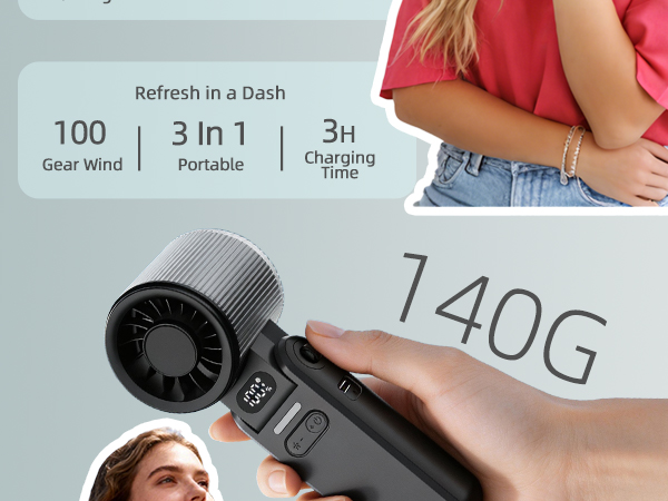 Text reads 'Refresh in a Dash', '100', 'Portable', '3 in 1', '3H' and '740G'. Hand-held portable fan device with grey circular base, shown being held with product specifications and features displayed.