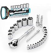DURATECH 24-Piece Drive Socket Wrench Set, 1/4", 3/8", 1/2" Sockets Set, 3 In 1 Ratchet Wrench wi...