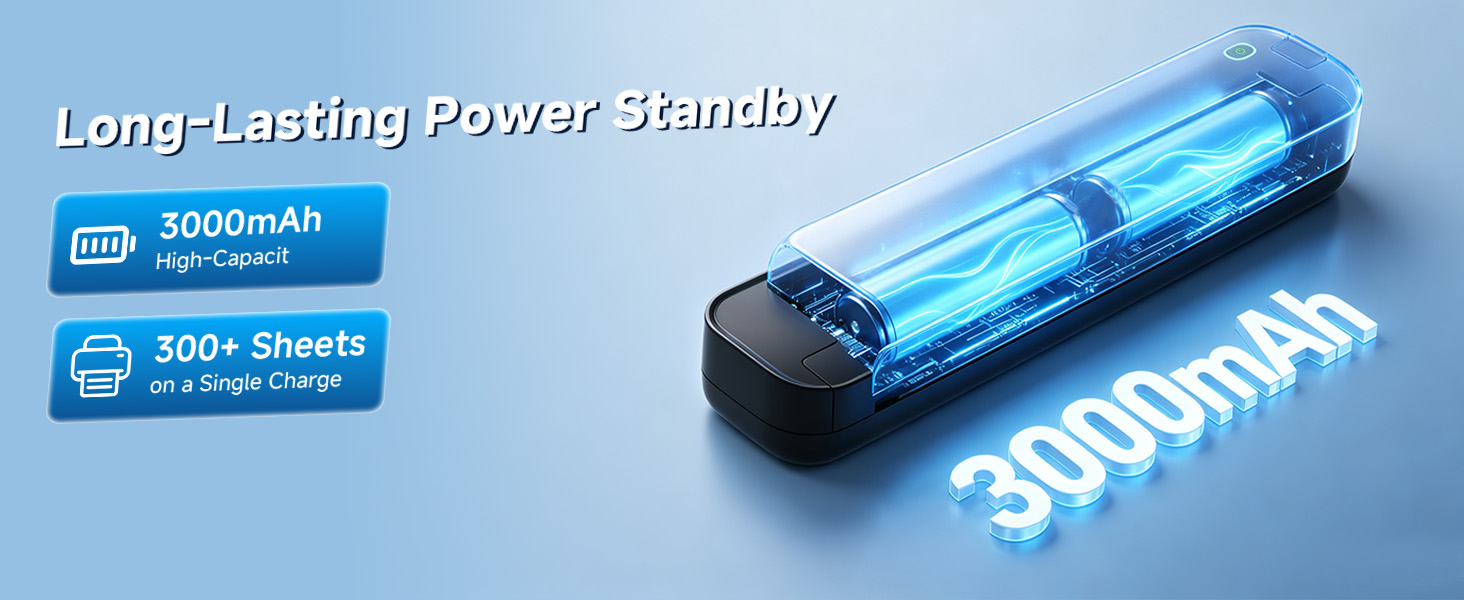 3000mAh rechargeable portable printer and prints up to 300 sheets per full charge