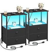 LOAKEKEL Night Stand Set 2, LED Nightstand with Charging Station, End Tables with Storage Shelf f...