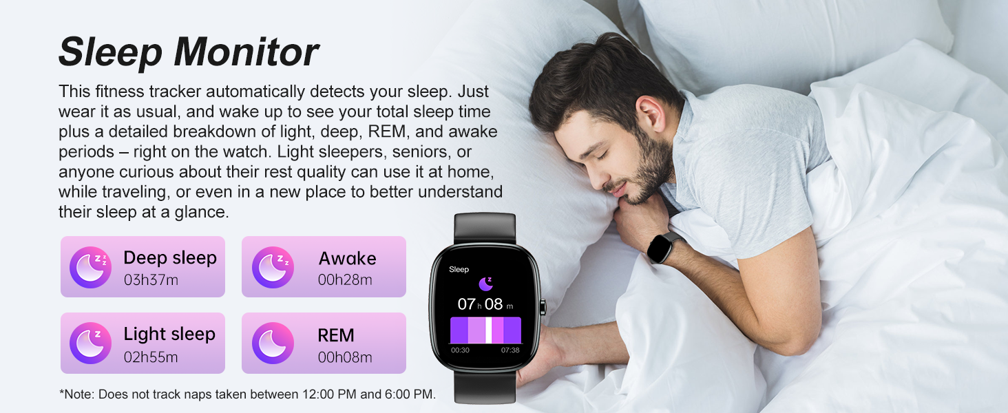 Fitness tracker auto sleep monitoring: light, deep, REM, awake times. For seniors, light sleepers.