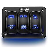 Nilight - 90105C 3 Gang Aluminum Rocker Switch Panel 5 Pin ON/Off Pre-Wired Toggle Switch Panel W...