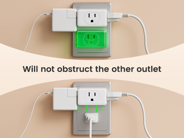 it has a compact design for travel and does not block adjacent outlets.
