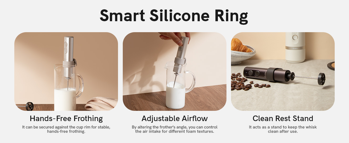 Text reads 'Smart Silicone Ring'. Product demonstration showing three features: 'Simple Flex Testing', 'Adjustable Active', and 'Clean Rest Stand' with corresponding product images.