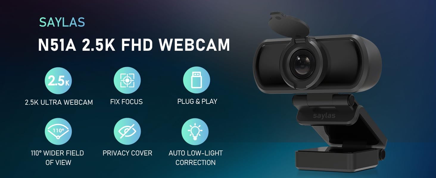 saylas 2.5K Webcam for PC with Microphone