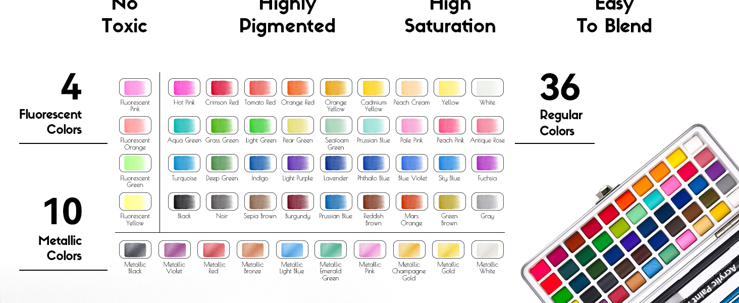 50 colors watercolor paint set travel portable metal box metallic fluorescent paint brush