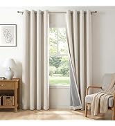 100% Blackout Shield Faux Linen Blackout Curtains for Bedroom 84 Inches Long, Beige Grommet Curta...
