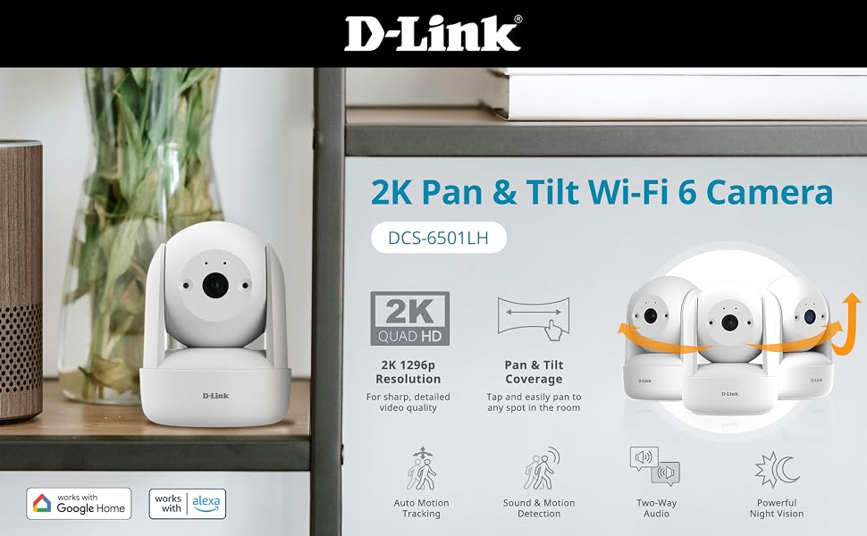 D-Link 2K HD Resolution Pan Tilt Wi-Fi 6 Surveillance Camera Home Security Night Vision 2-Way Audio